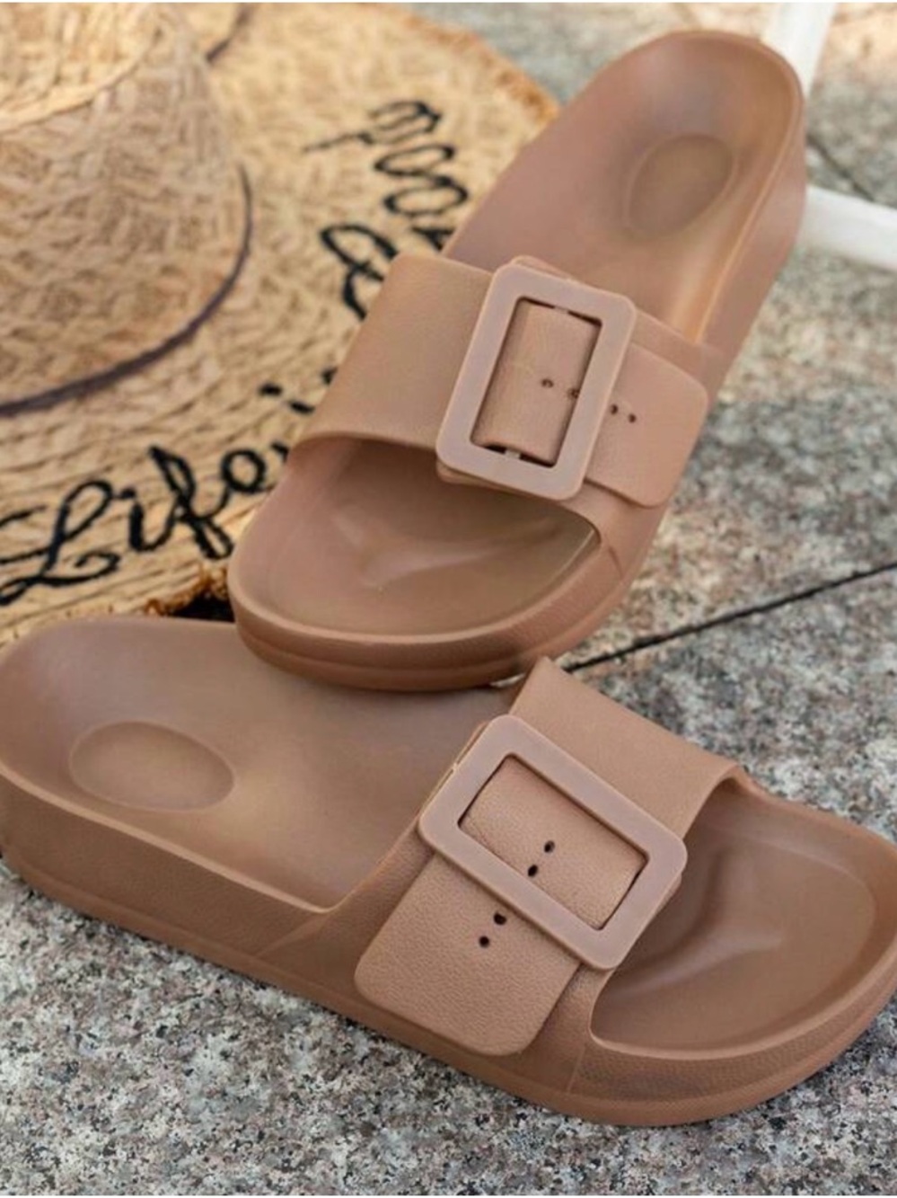 SHEIN Buckle Slide Sandals in Beige